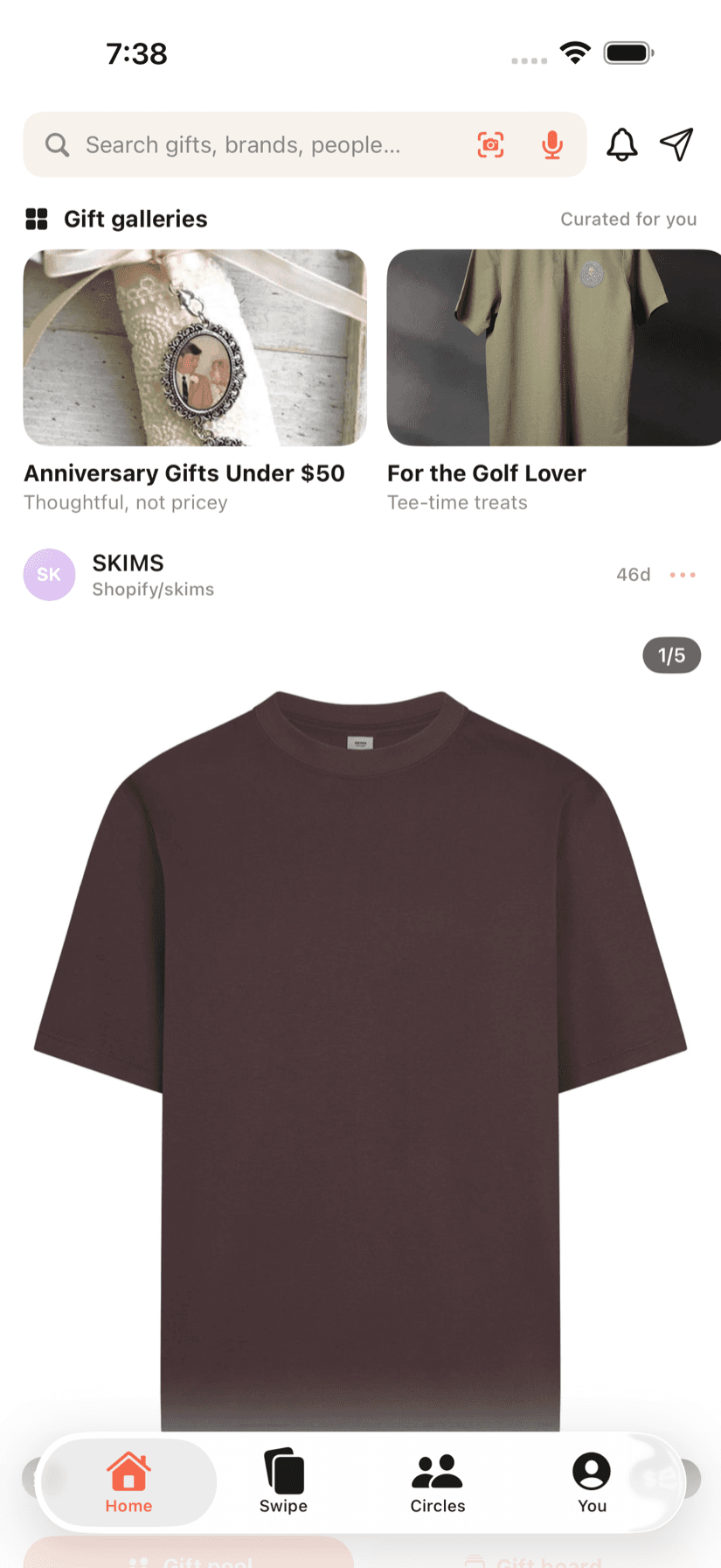 Giftmaxxing Home feed with gift galleries and a product post